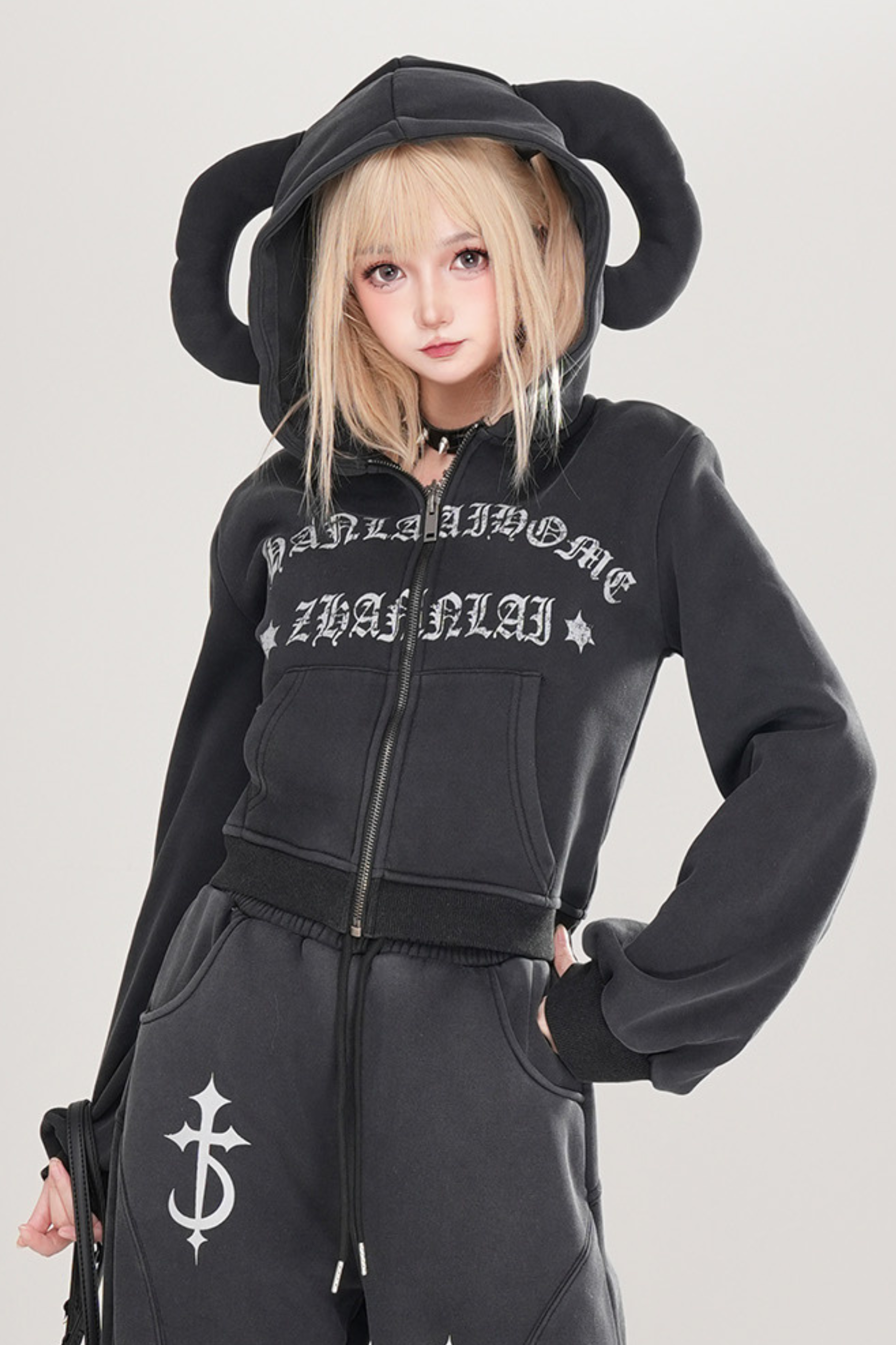 Y2K Edgy Horned Hood Fleece Jacket