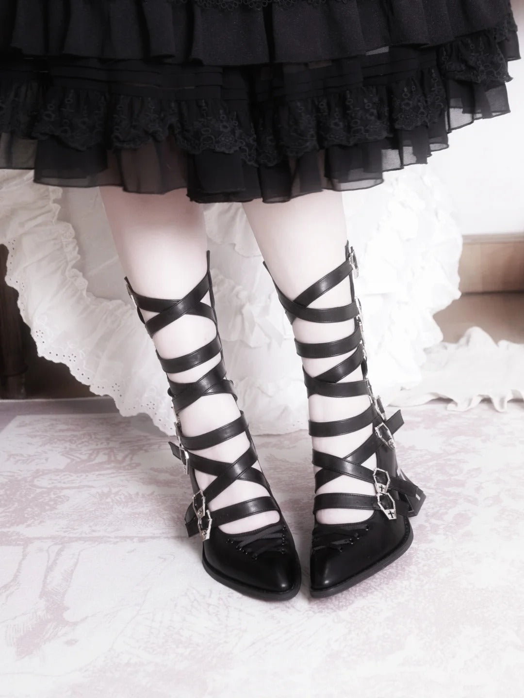 Moon Crow Cross Heels Gothic Lace-Up Pointed Half Cutout Boots