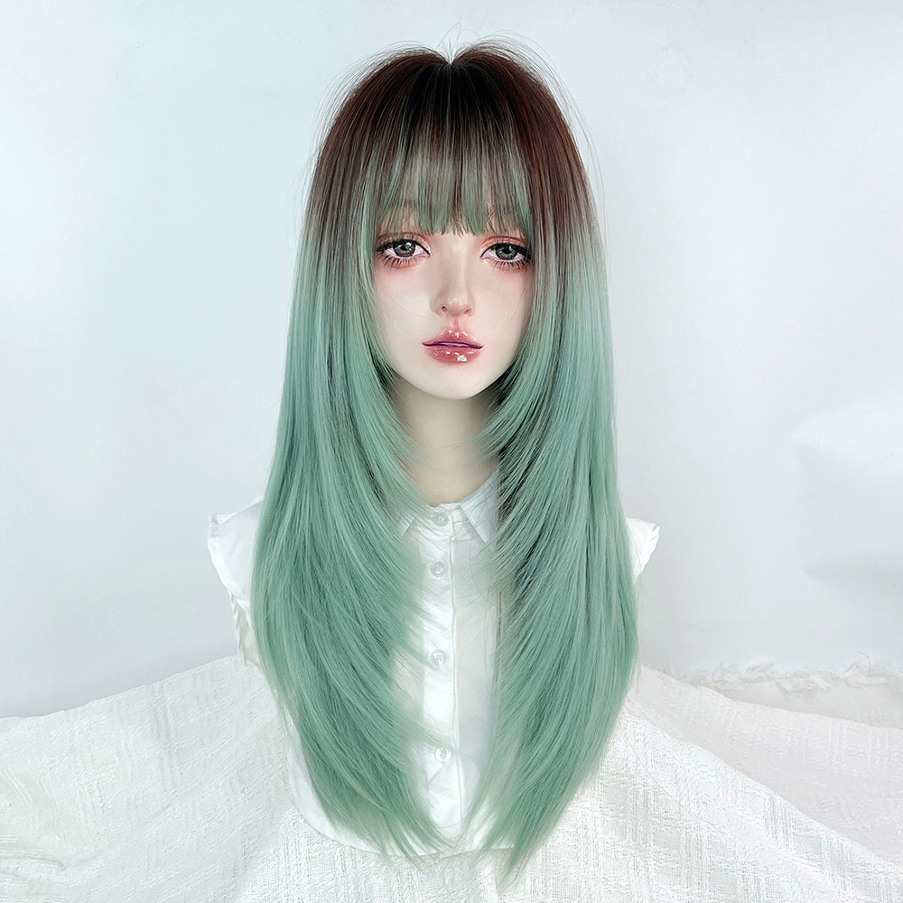 Long Straight Green to Brown Mixed Color Y2K Wig LE7002