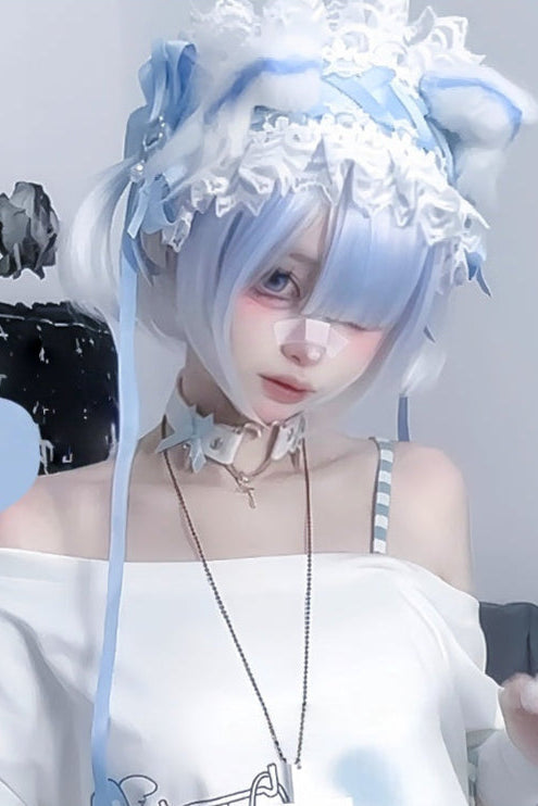 Short Aqua to White Y2K Wig with Detachable Twin Tails