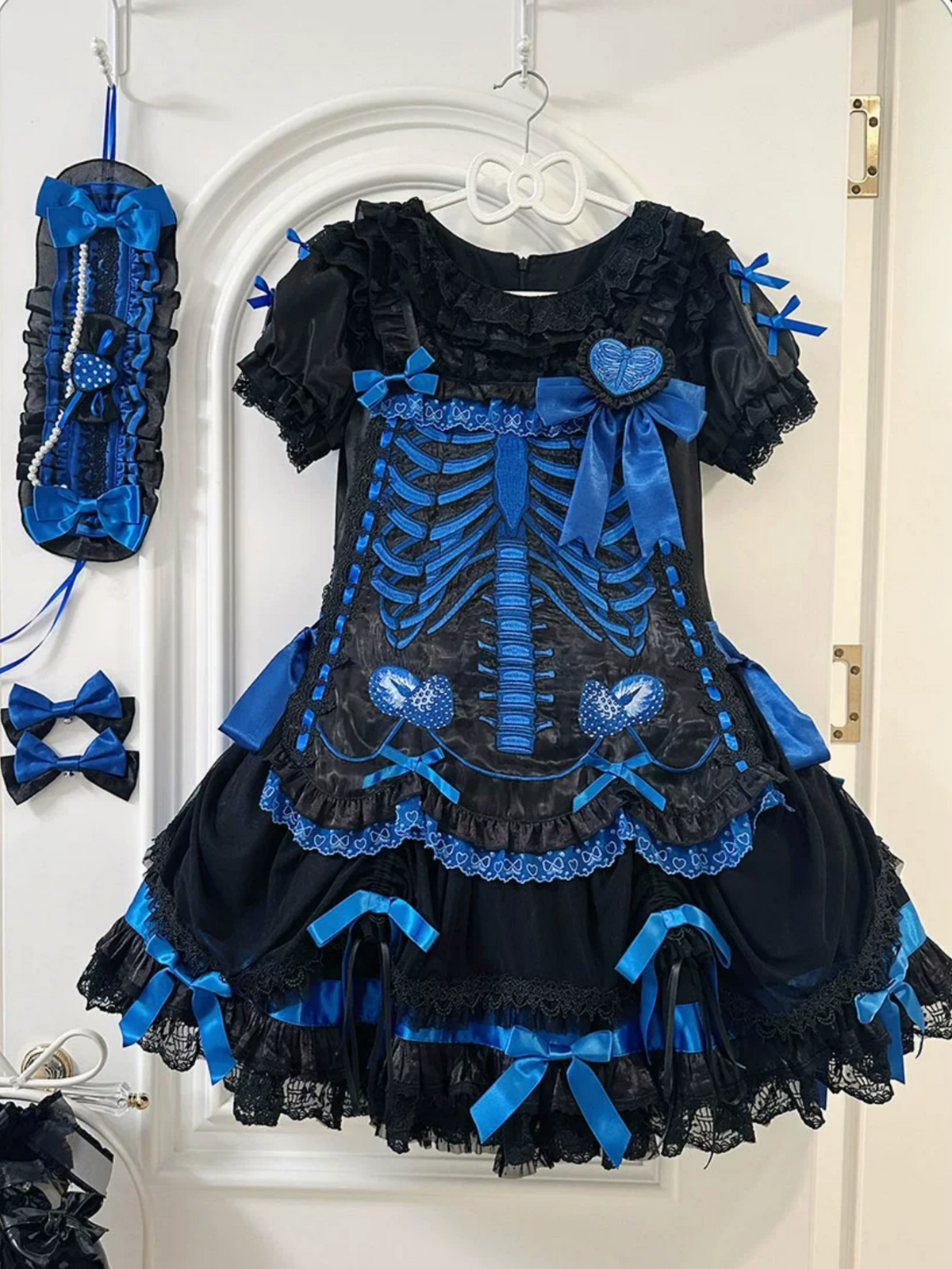 Strawberry Heart Bone Black and Blue Gothic Lolita OP Dress