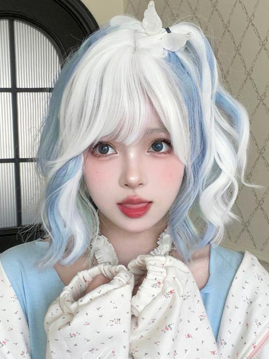 Short White Curly Jirai kei Wig with Blue Highlights