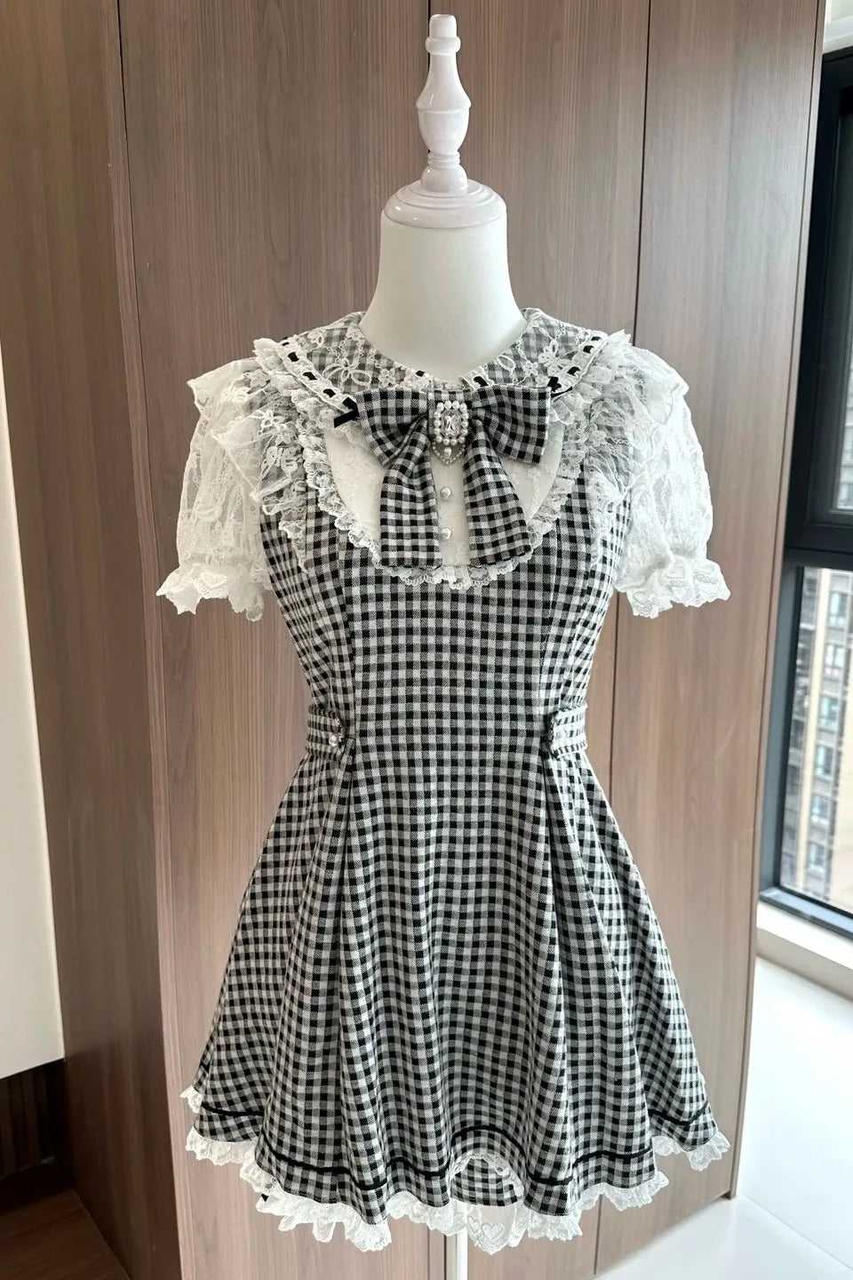 Kisskiss Two-Tone Plaid Lace Sweet Ryōsangata Cute Outfit Set