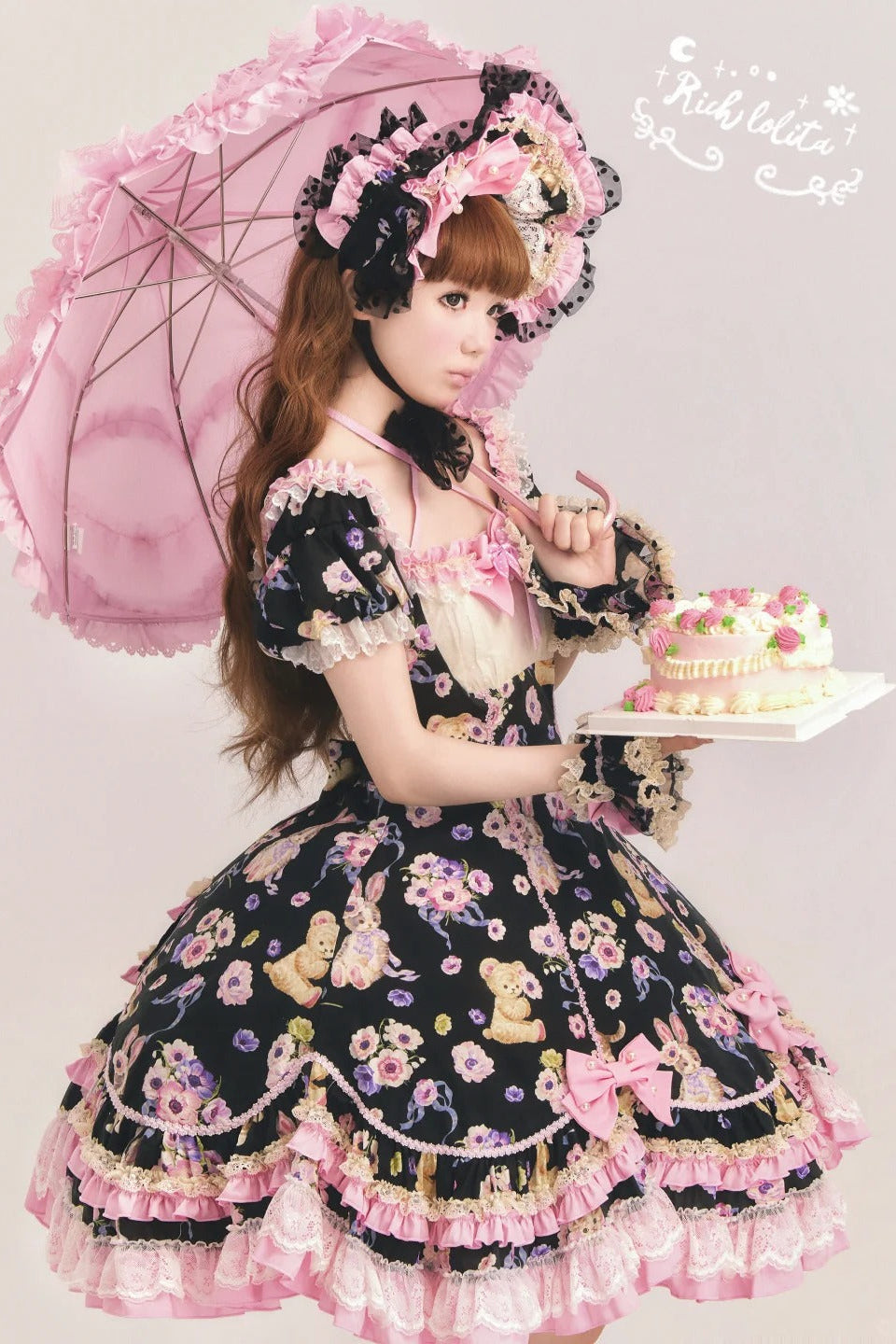 Be My Sweetheart Bear Bunny Floral Print Fitted Sweet Lolita OP Dress