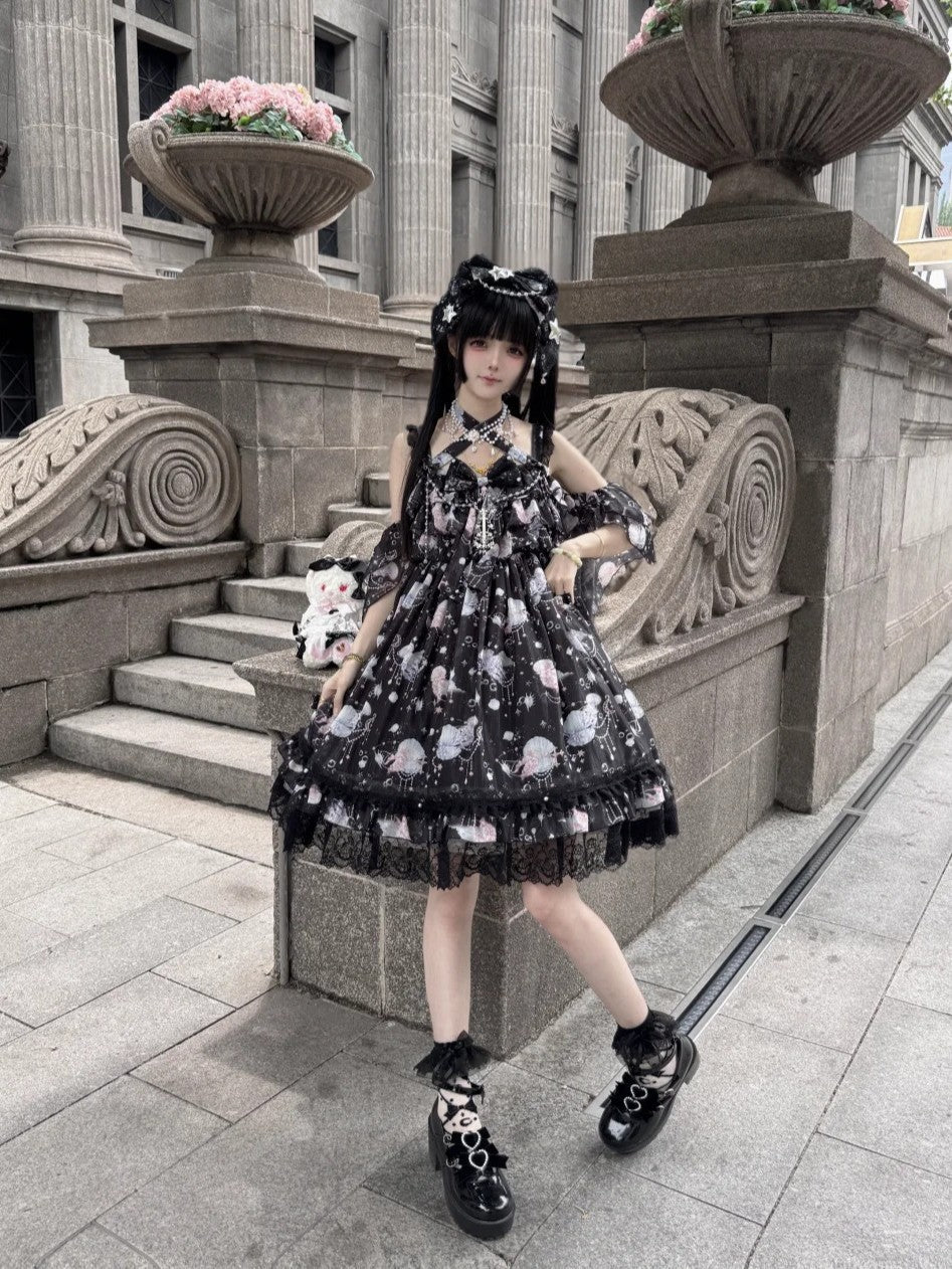 Dreaming of the Sea Mini High-Waist Black Ocean Jellyfish Lolita JSK