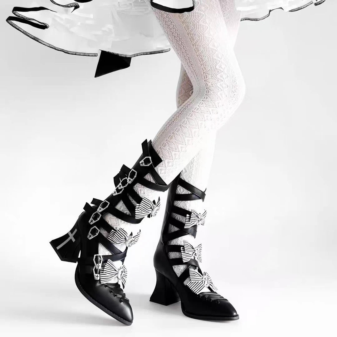 Moon Crow Cross Heels Gothic Lace-Up Pointed Half Cutout Boots