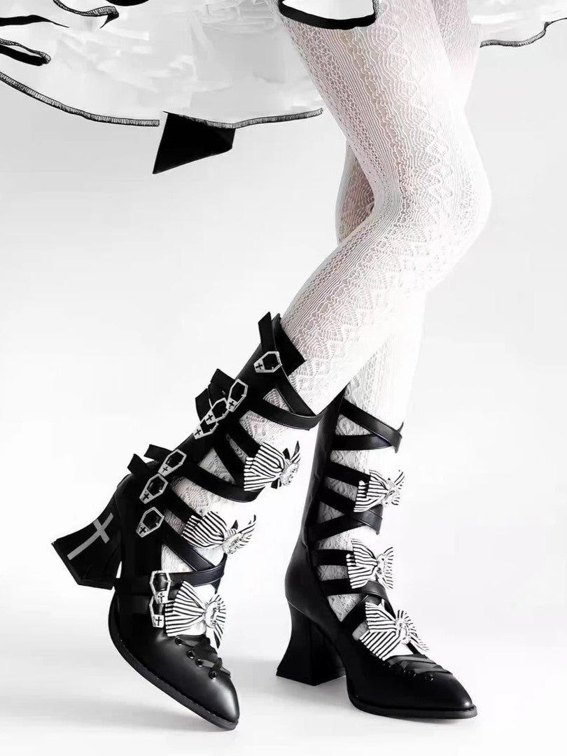 Moon Crow Cross Heels Gothic Lace-Up Pointed Half Cutout Boots