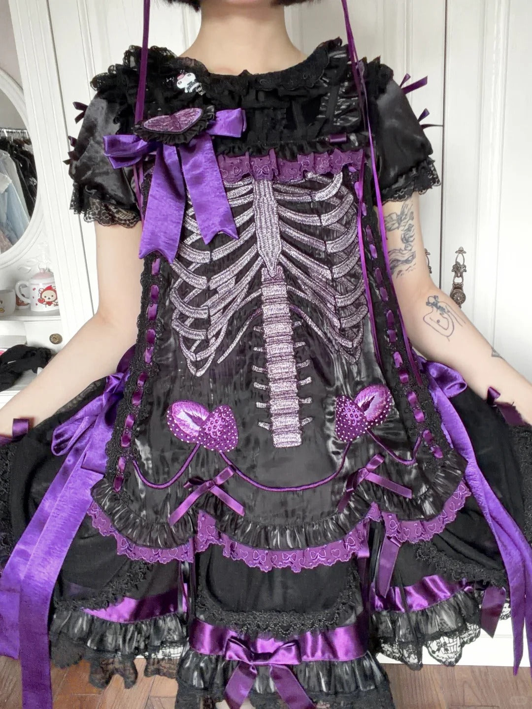 Strawberry Heart Bone Black and Purple Gothic Lolita OP Dress