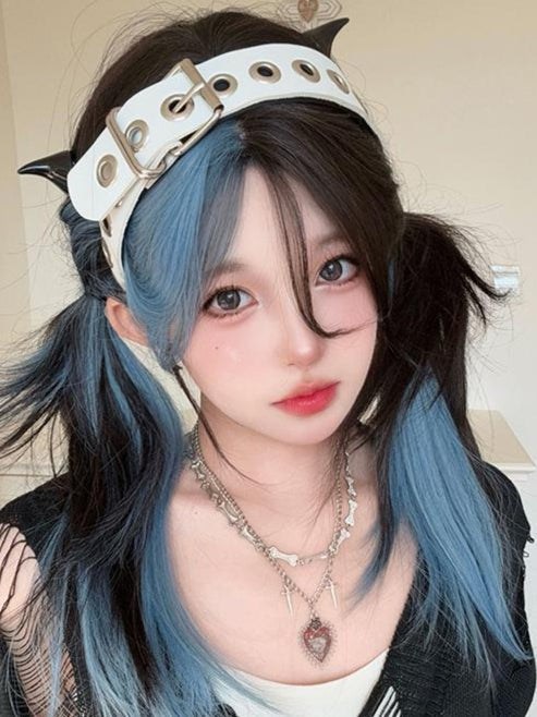 Long Straight Black to Blue Y2K Mixed Color Wig