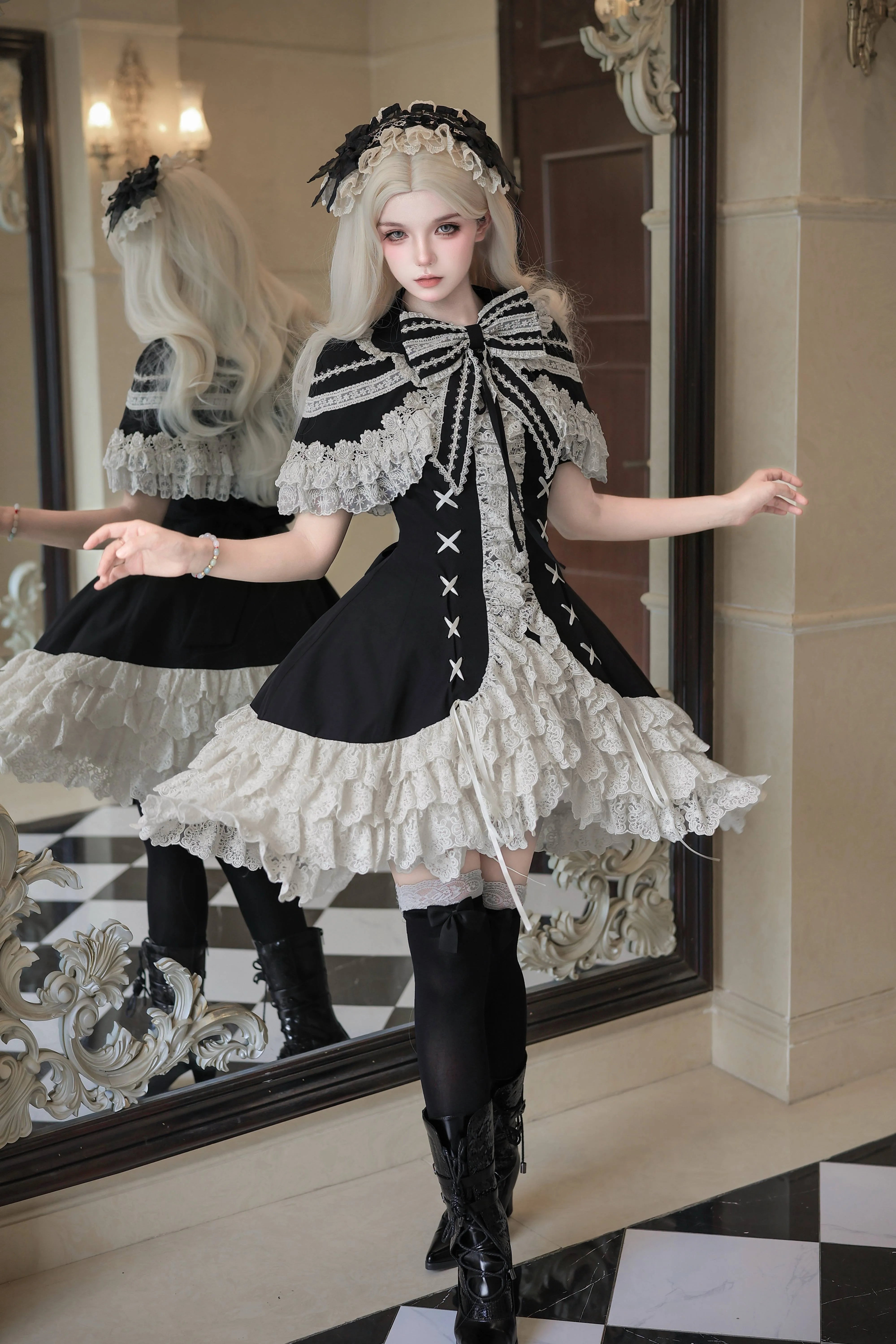 Dark Gothic Doll Silver Butterfly Amber Lolita Black OP Dress