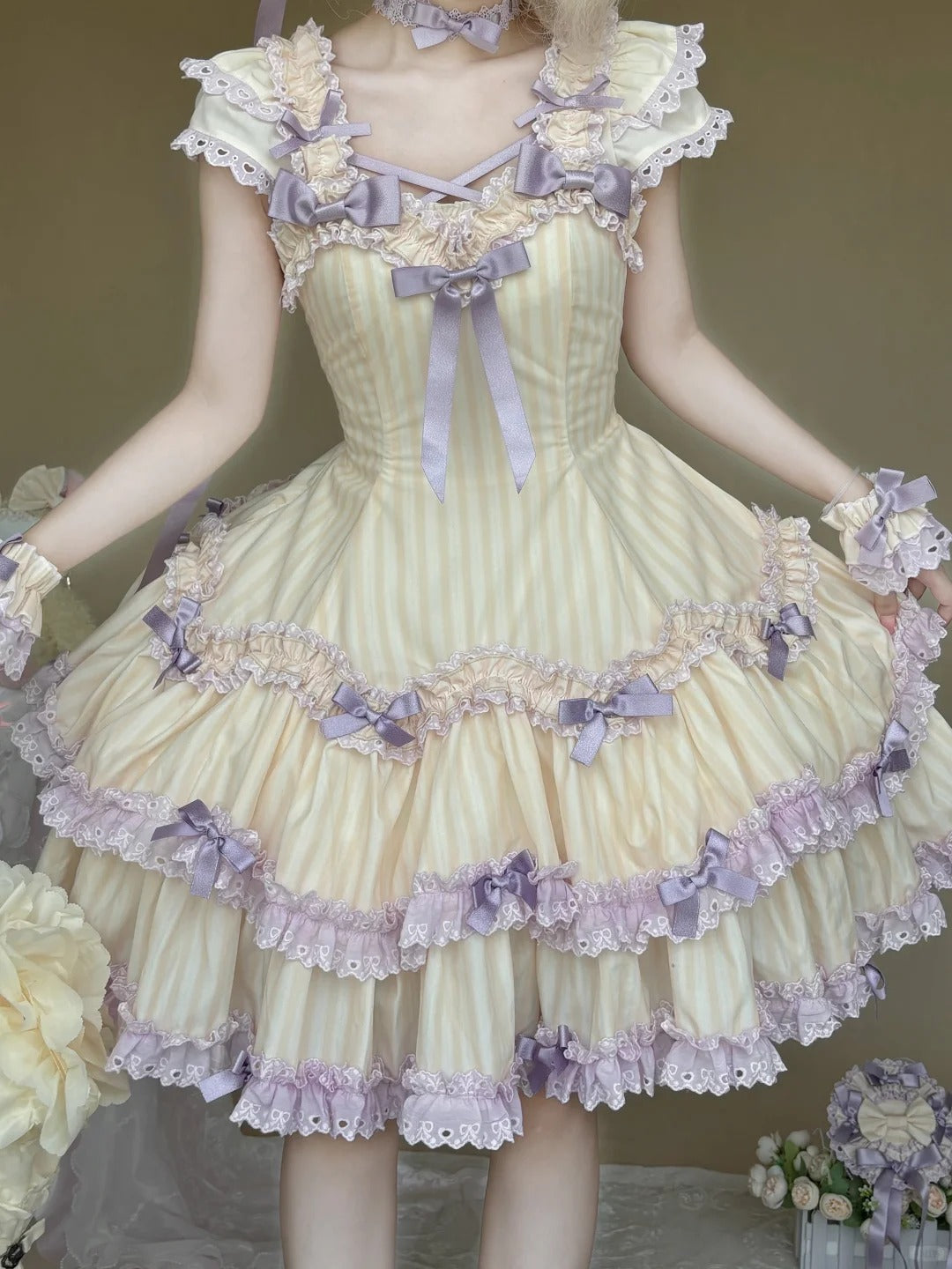 Eternal Girl‑Heart Printed Striped High‑Waist Lolita JSK/OP Dress