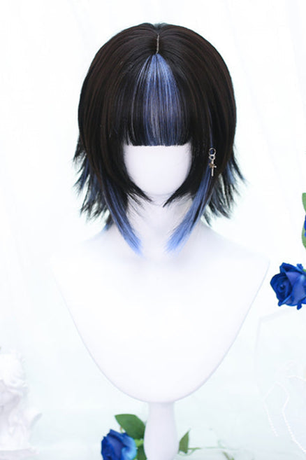 Short Dark Brown Y2K Wig with Blue Highlights
