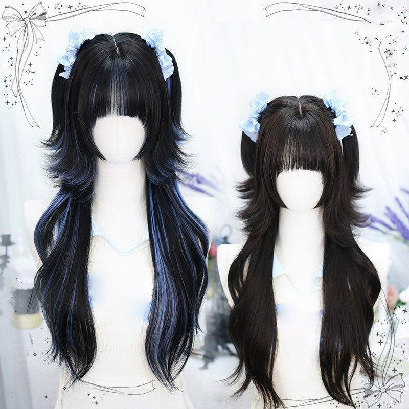 Long Black Curly Y2K Wig with Blue Highlights