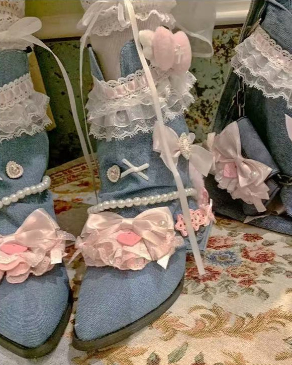 Lolita Bow Lace Denim Pointed Toe Ankle Boots LE5003