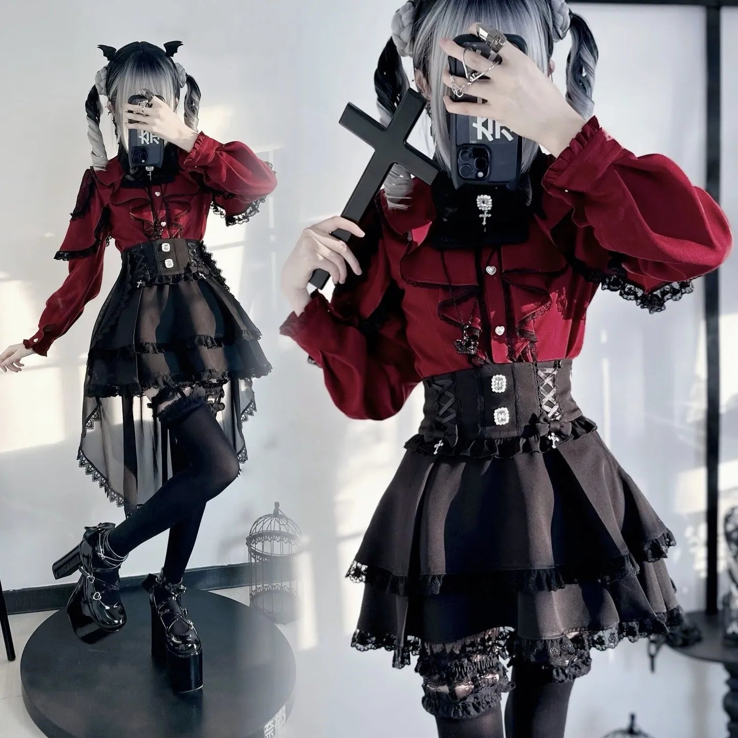 Dark Wing Love Gothic Ryōsangata Jiraikei Lace Two-Piece Set
