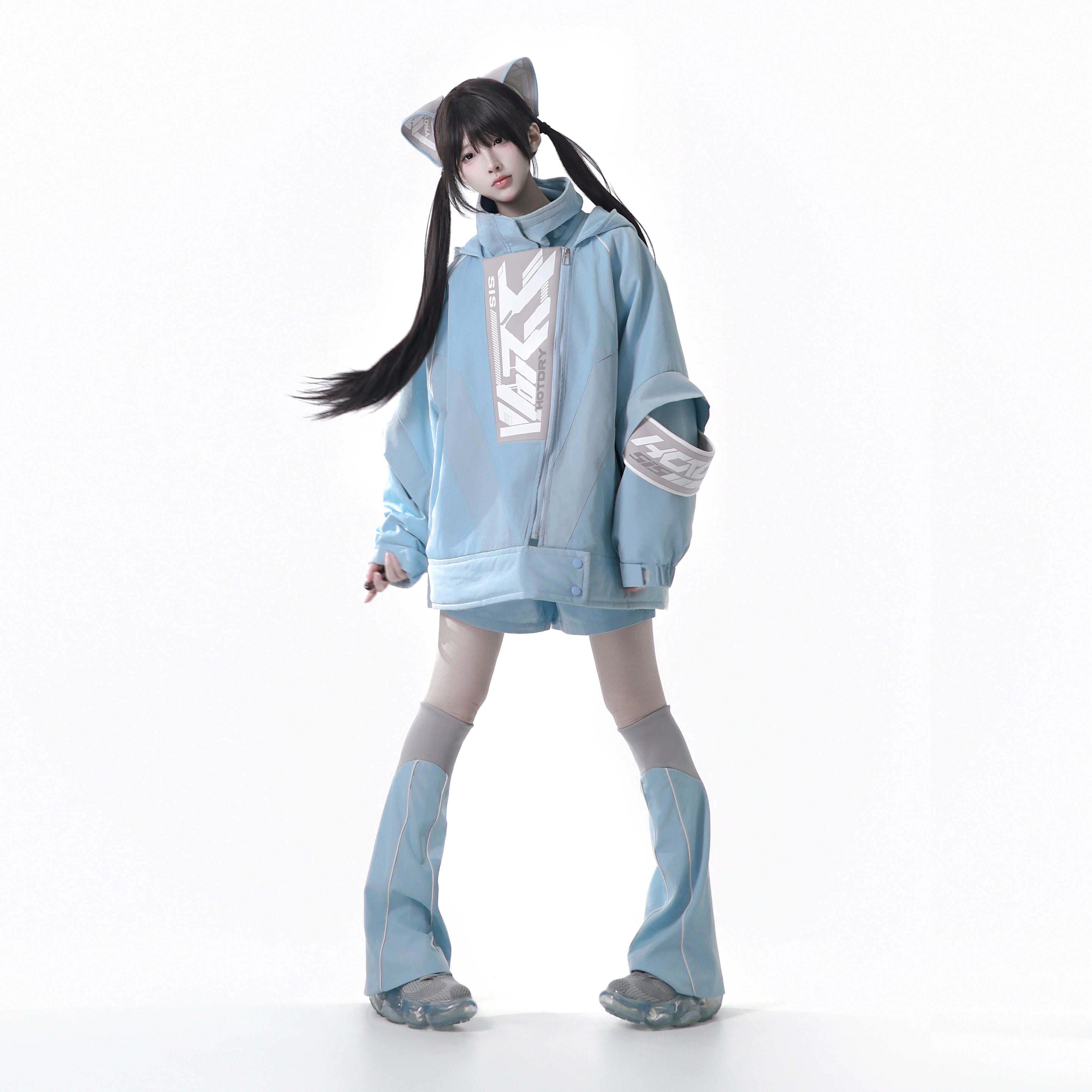 Dystopian Techwear Two-Piece Fleece-Lined Jacket and Shorts Set