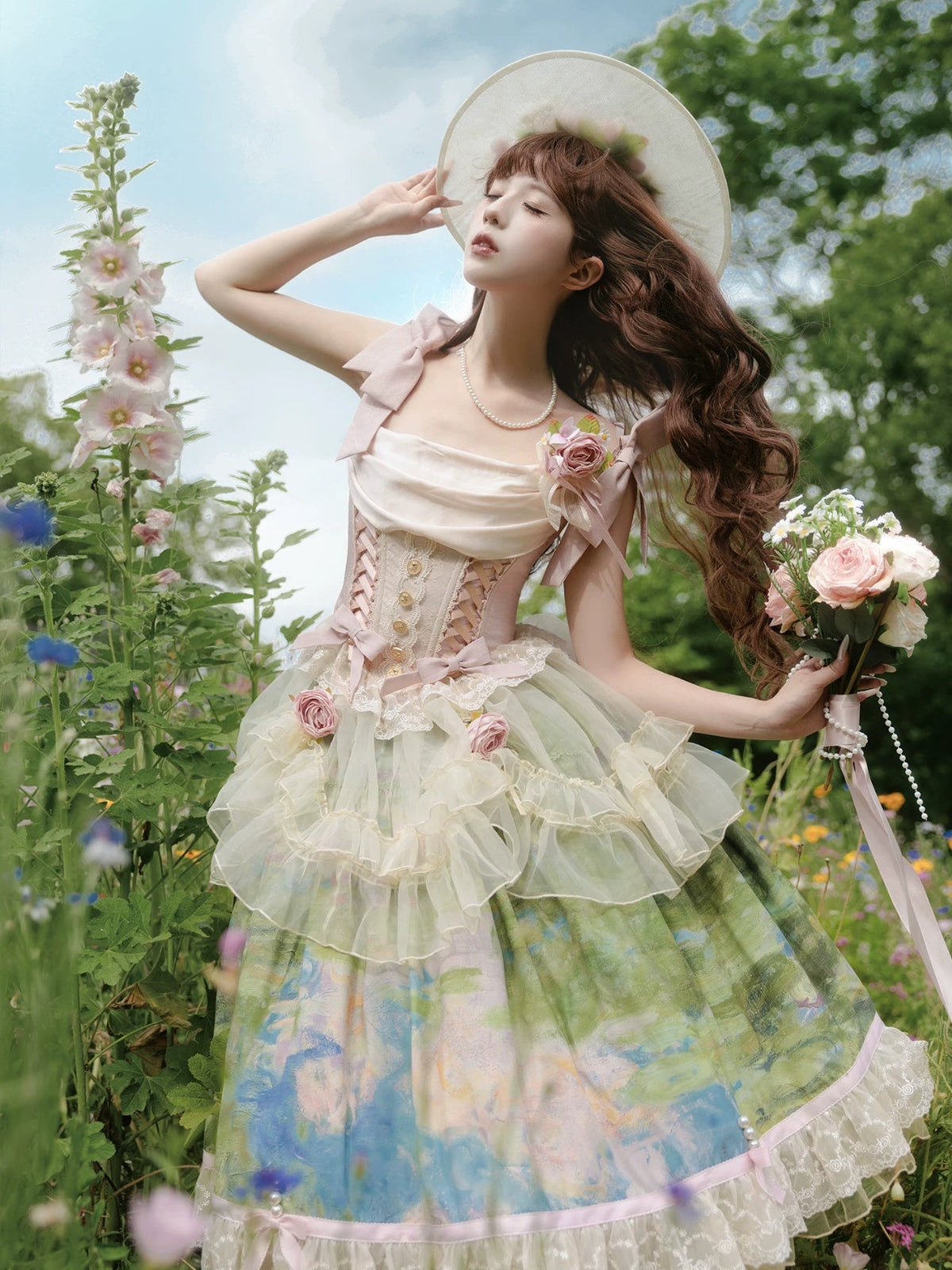 Ensemble Robe et Corset Lolita Classique "Le Jardin de Monet" (Peinture à l'Huile)