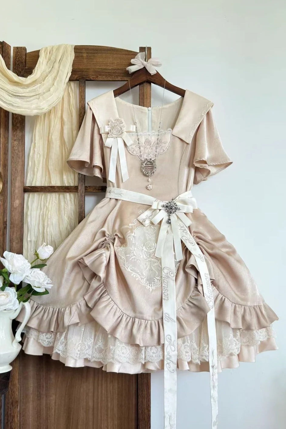 Glaze Floral Realm Lolita Printed Champagne OP Dress Set
