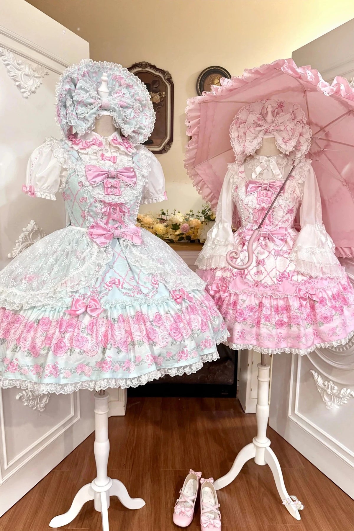 2026 Summer Rose Lattice Tiered Sweet Lolita JSK Dress with Bow Headpiece - LolitaEra