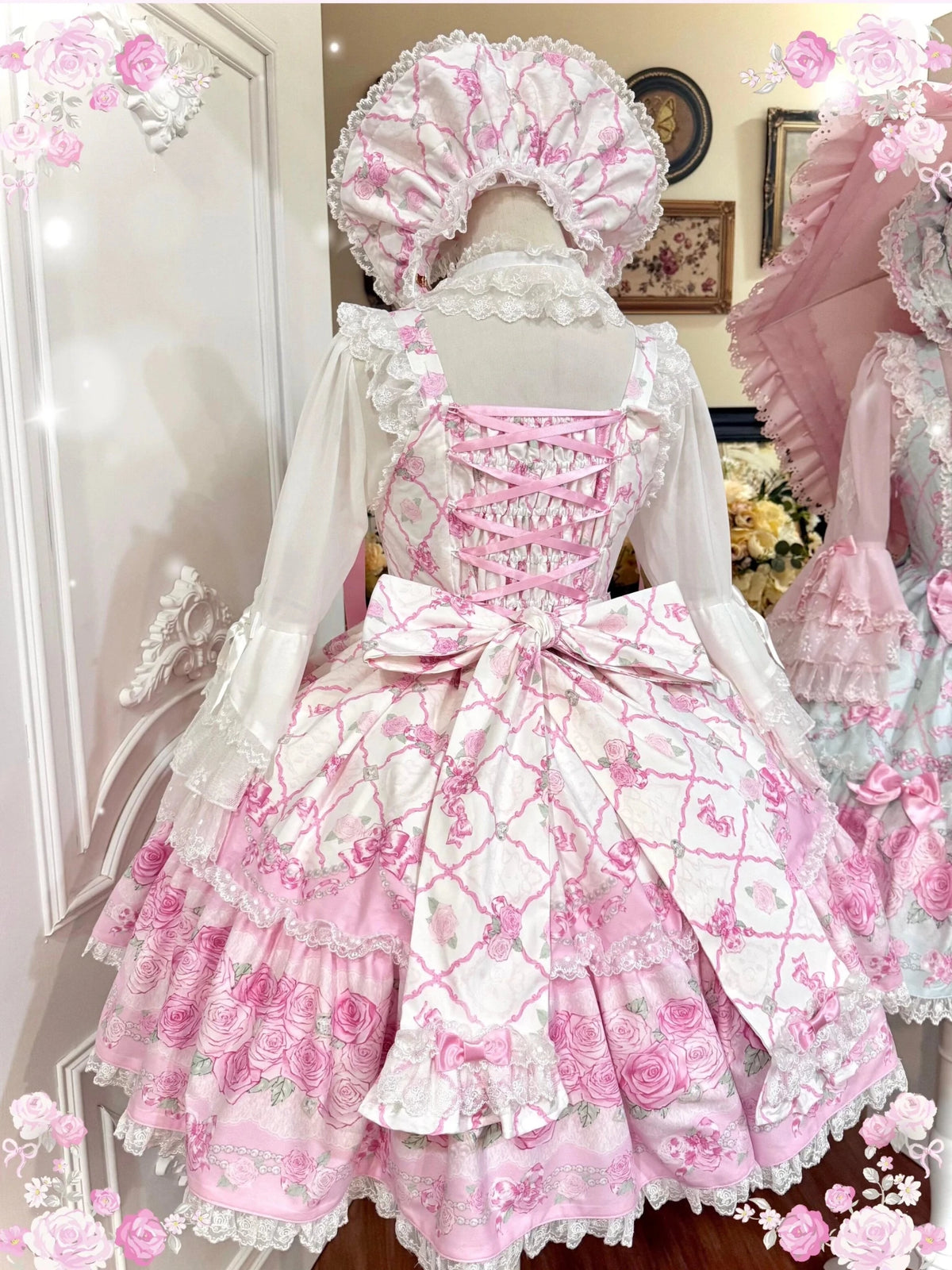 2026 Summer Rose Lattice Tiered Sweet Lolita JSK Dress with Bow Headpiece - LolitaEra