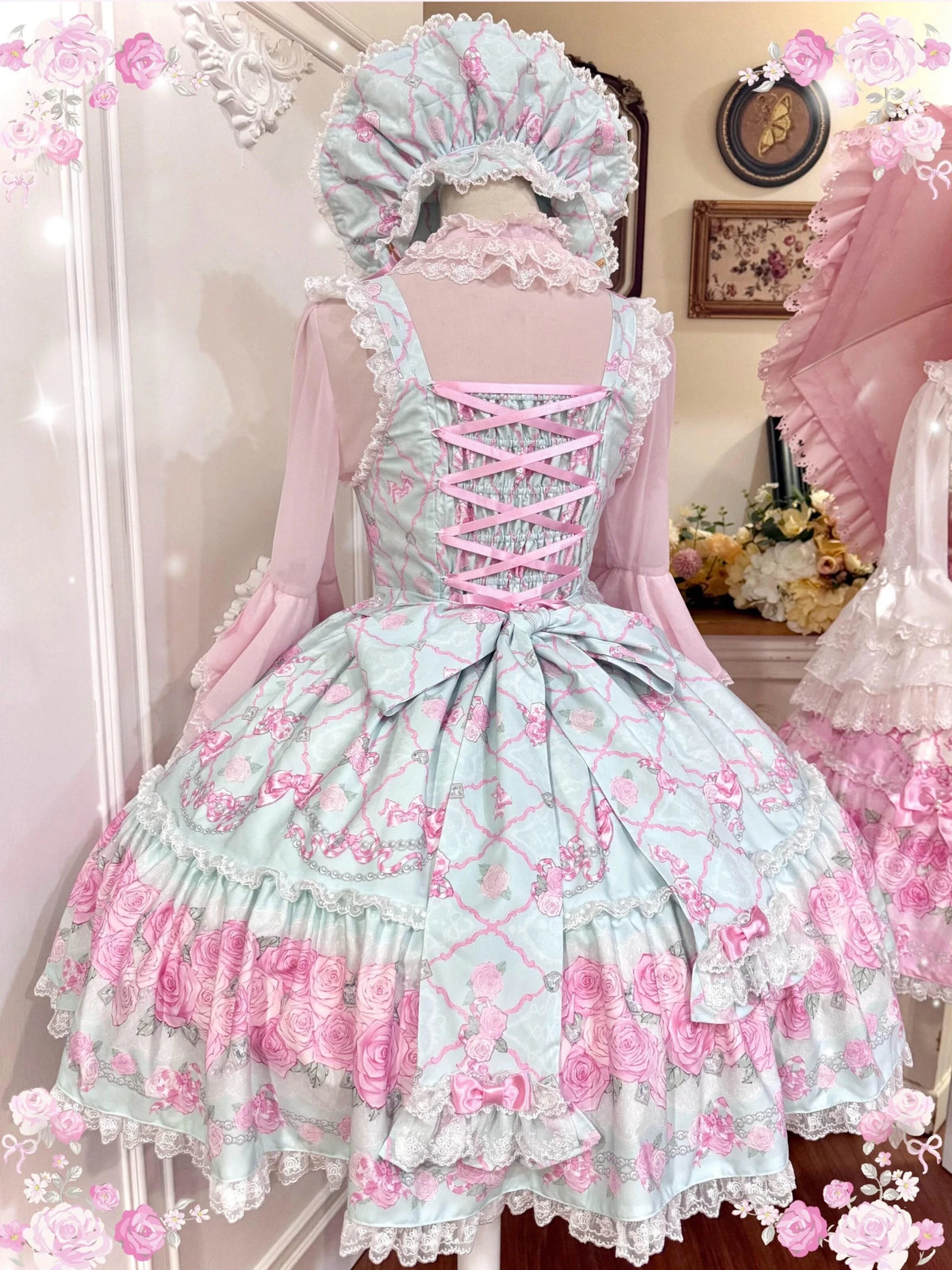 2026 Summer Rose Lattice Tiered Sweet Lolita JSK Dress with Bow Headpiece - LolitaEra