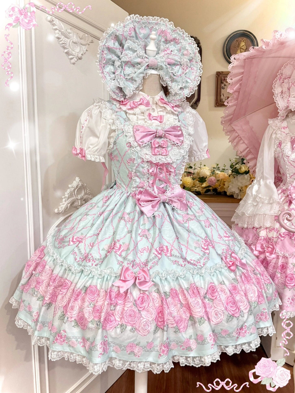 2026 Summer Rose Lattice Tiered Sweet Lolita JSK Dress with Bow Headpiece - LolitaEra