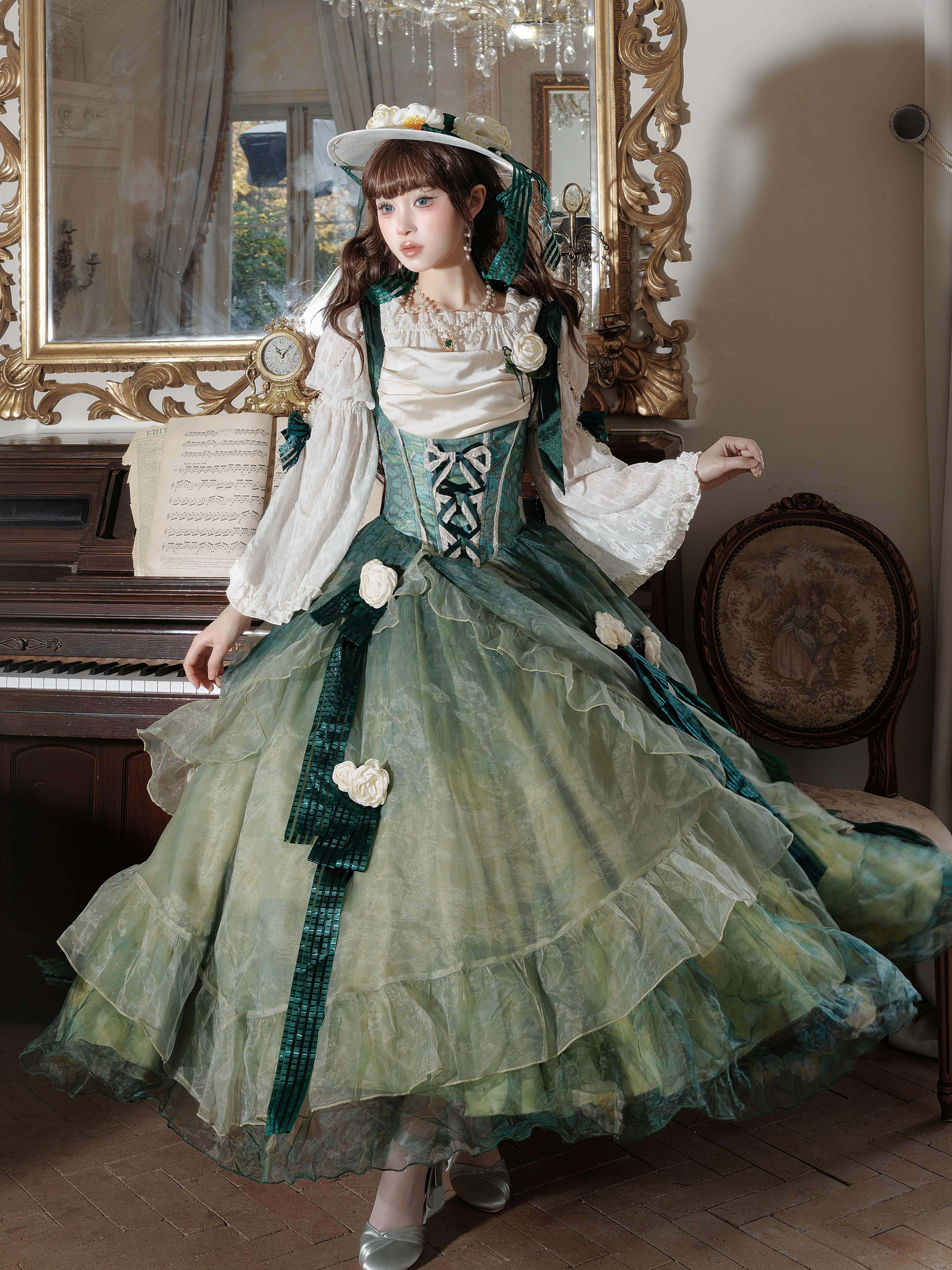 Wild Roses of Arles Purple Green Oil Painting Print Cowl Neck Tail JSK Classic Lolita Dress