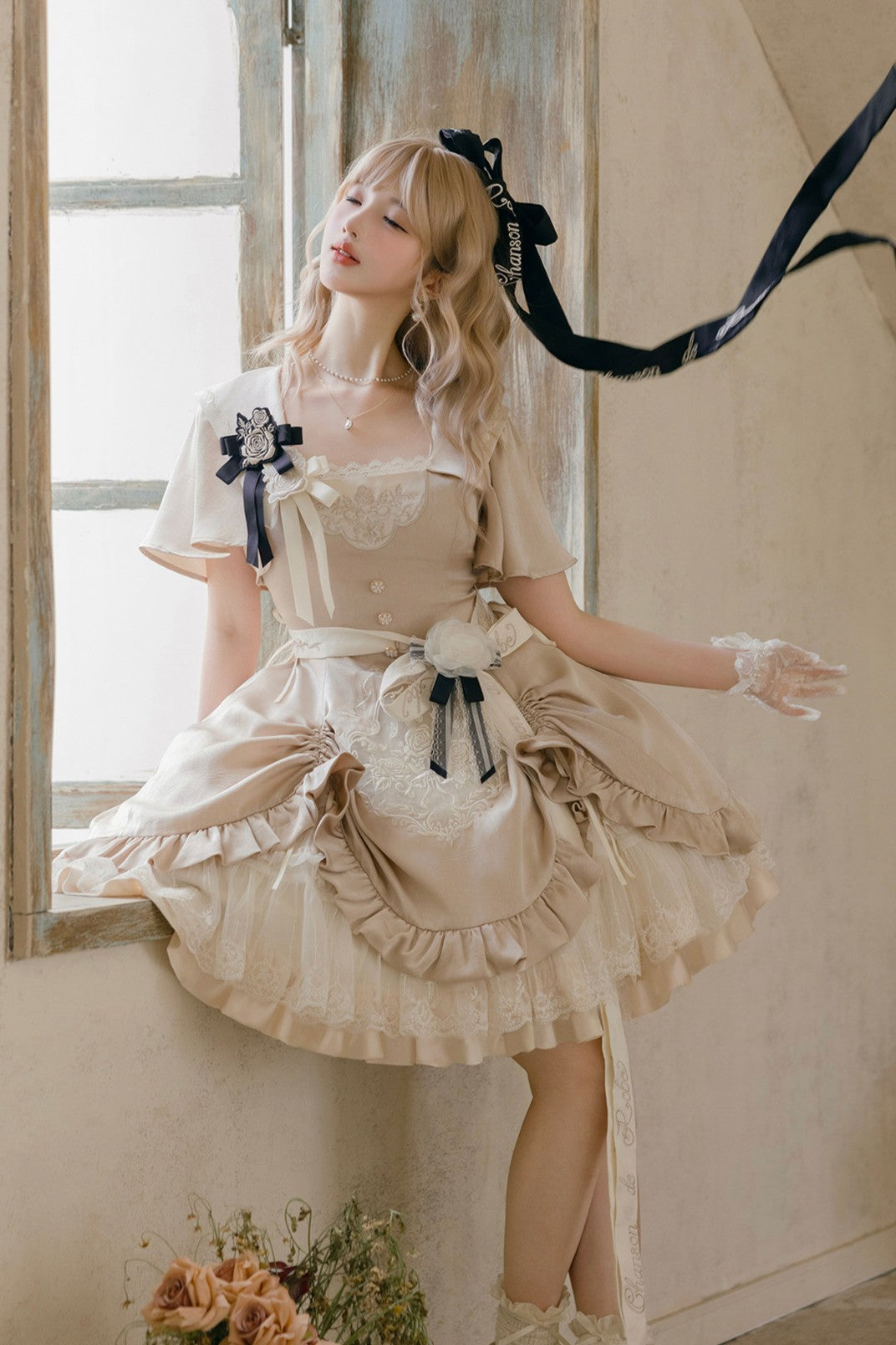 Glaze Floral Realm Lolita Printed Champagne OP Dress Set