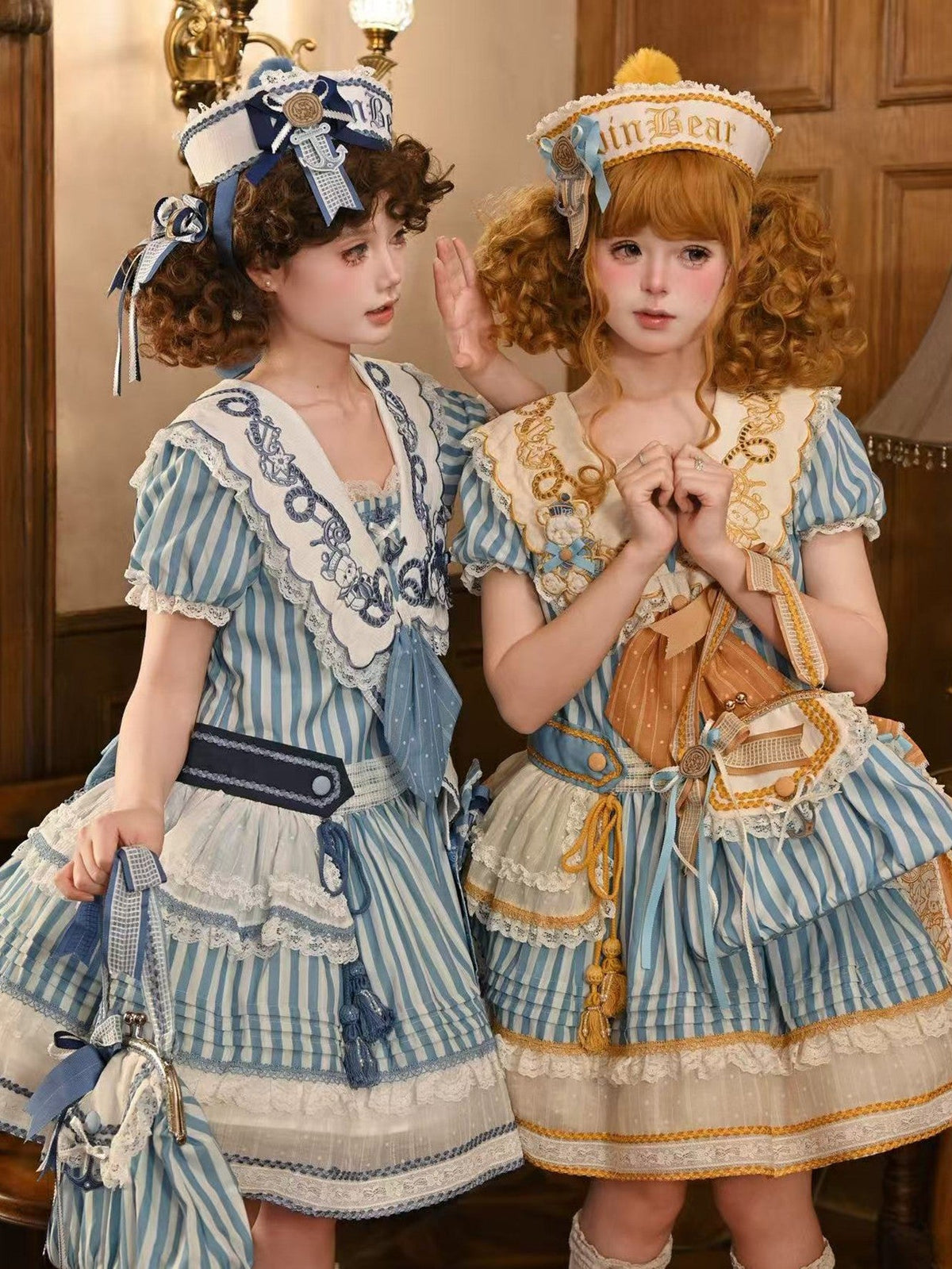 Antique Sailor Bear Blue Stripe Low Waist Lolita OP Dress
