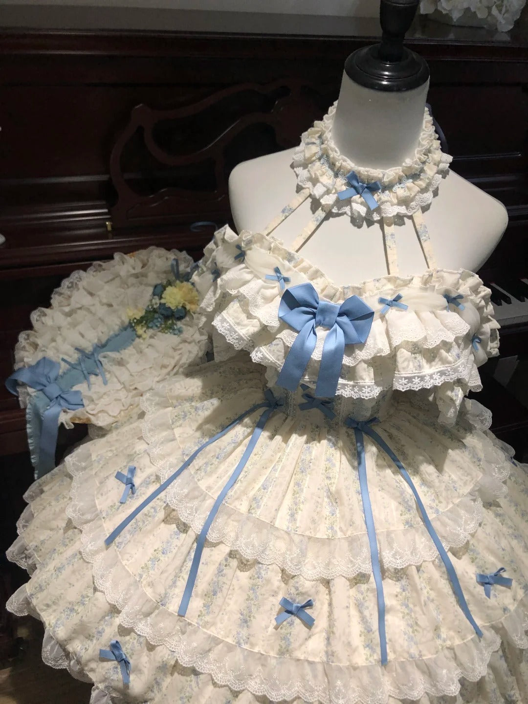 Blue Floral Halter Lolita Dress with Trailing Hat