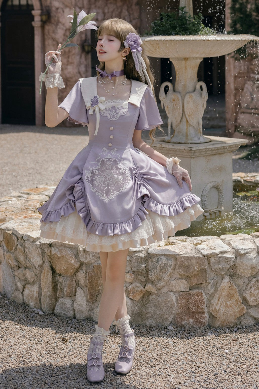 Glaze Floral Realm Lolita Printed Purple OP Dress Set