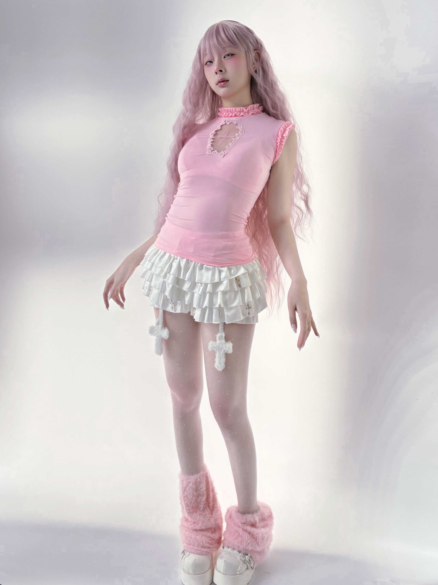 Lolita Gothic Cross Cut Out Tee & Corset Vest Set LE1037