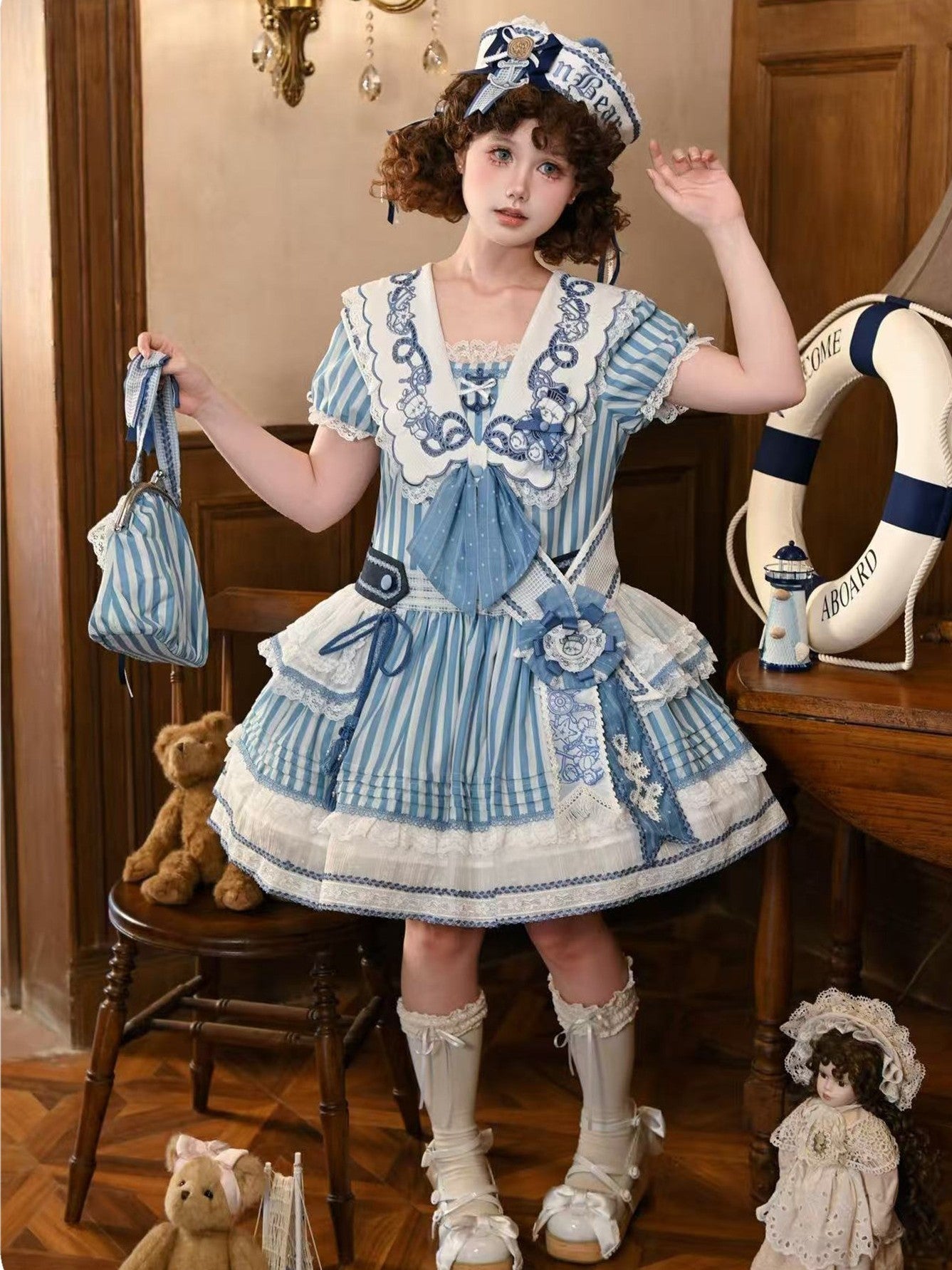 Antique Sailor Bear Blue Stripe Low Waist Lolita OP Dress