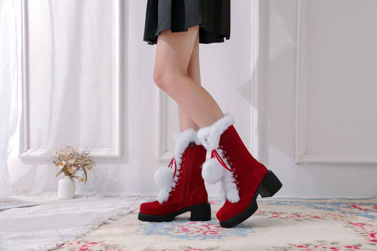 Sweet Lolita Faux Fur Pom Pom Christmas Block Heel Snow Boots