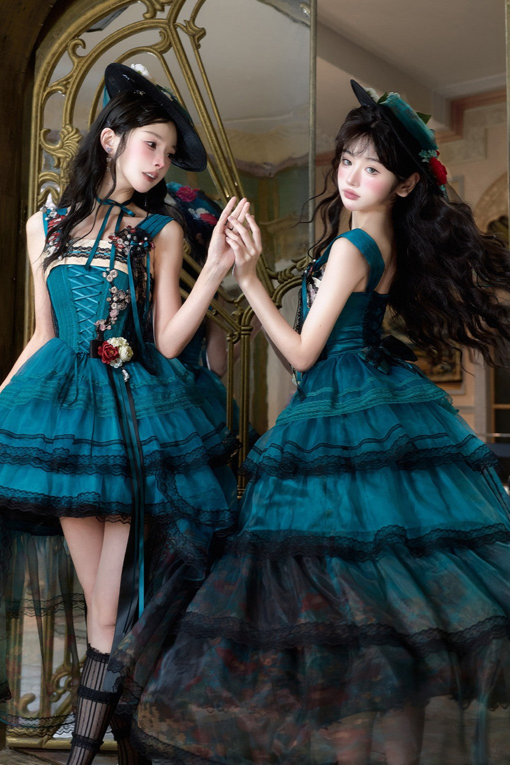 Misty New Dawn Peacock Blue Classic Lolita Short JSK Tea Party Set