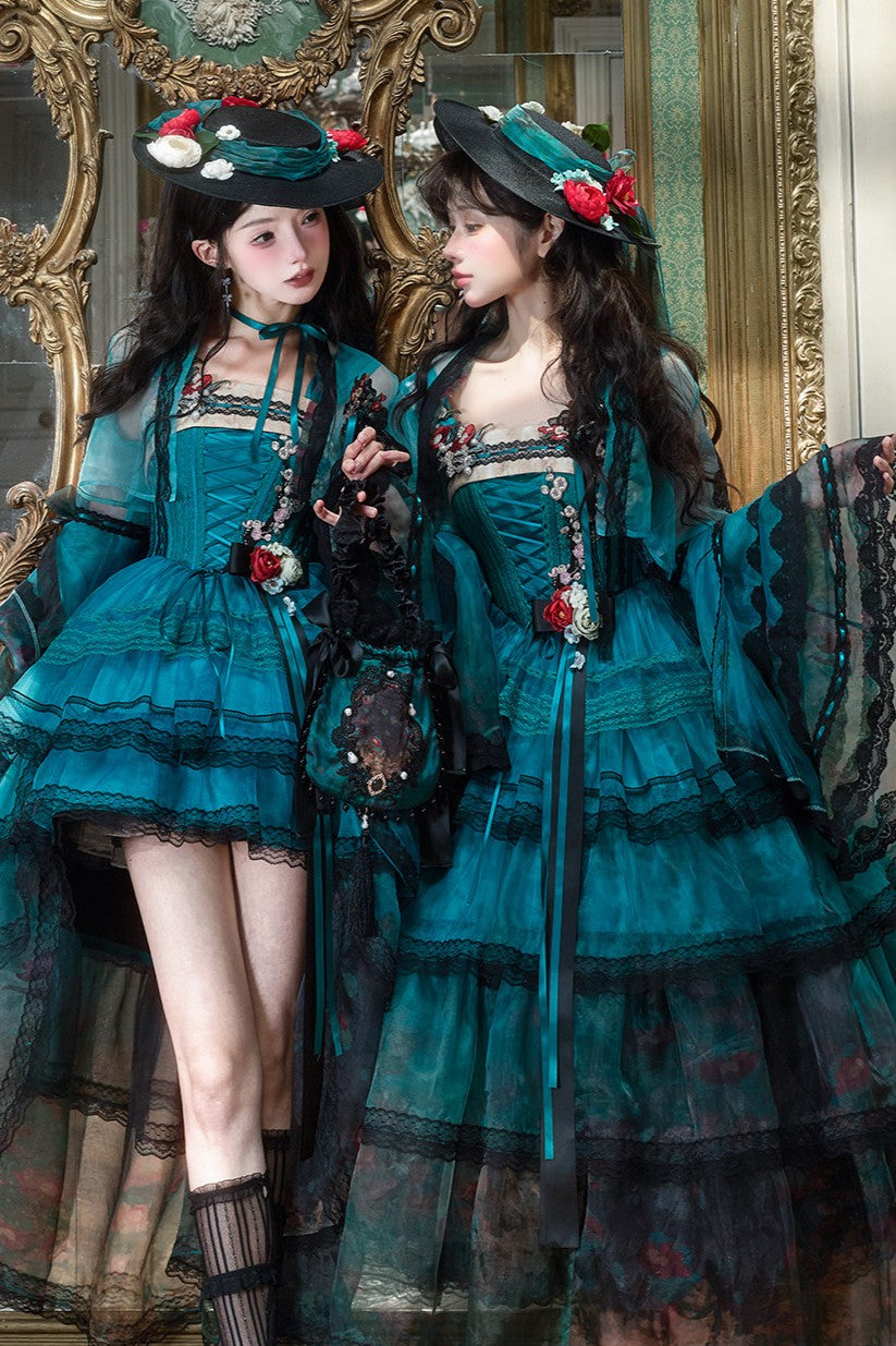 Misty New Dawn Peacock Blue Classic Lolita Long JSK Tea Party Set