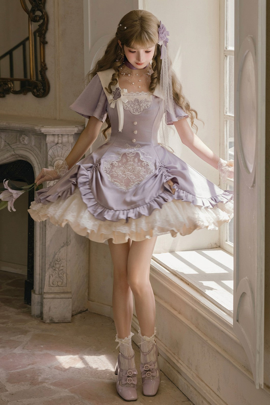 Glaze Floral Realm Lolita Printed Purple OP Dress Set