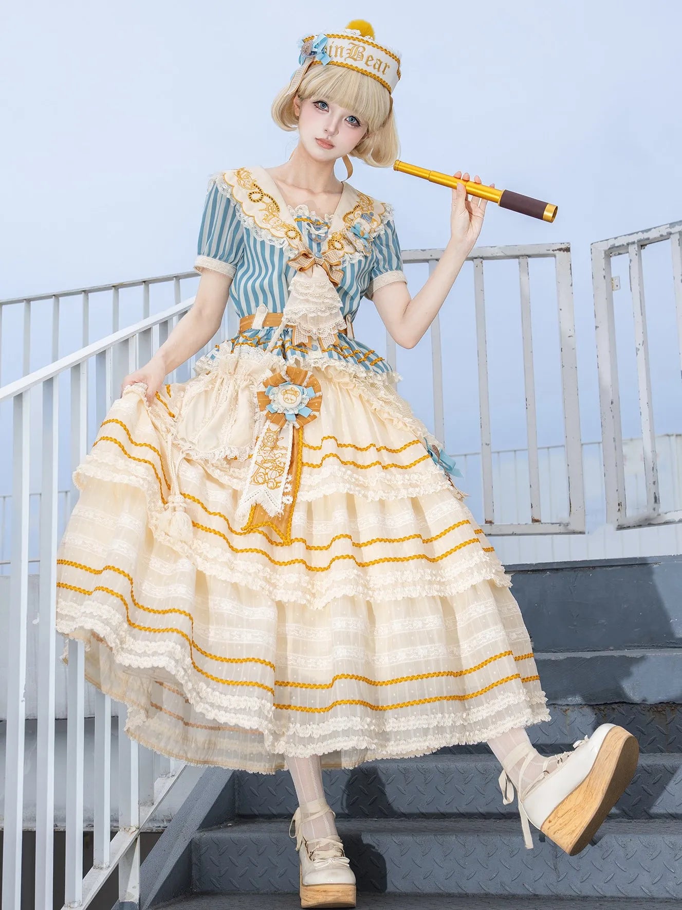 Antique Sailor Bear Blue Stripe Cropped Top Long Skirt Lolita Set