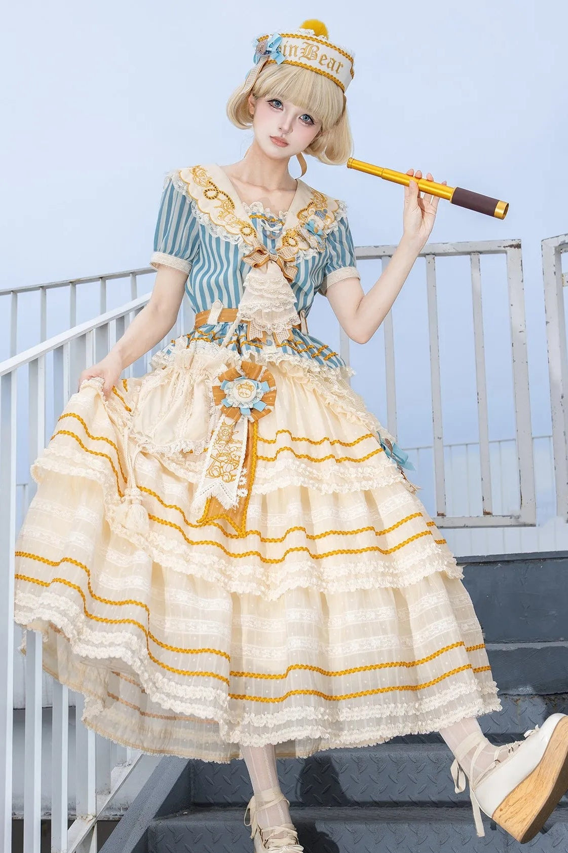 Antique Sailor Bear Blue Stripe Cropped Top Long Skirt Lolita Set