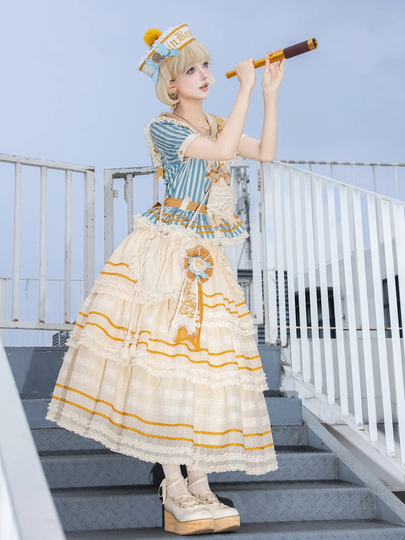 Antique Sailor Bear Blue Stripe Cropped Top Long Skirt Lolita Set