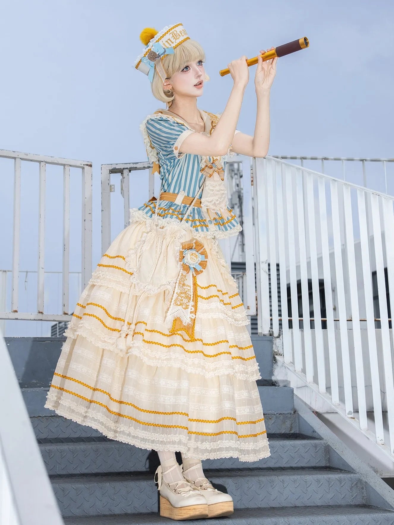 Antique Sailor Bear Blue Stripe Cropped Top Long Skirt Lolita Set