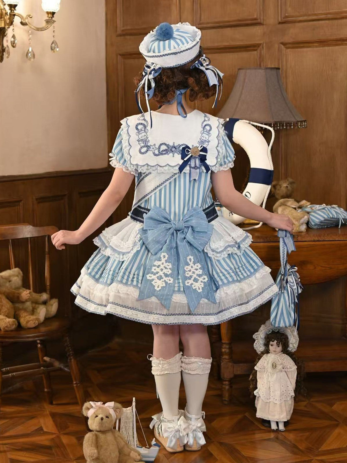 Antique Sailor Bear Blue Stripe Low Waist Lolita OP Dress