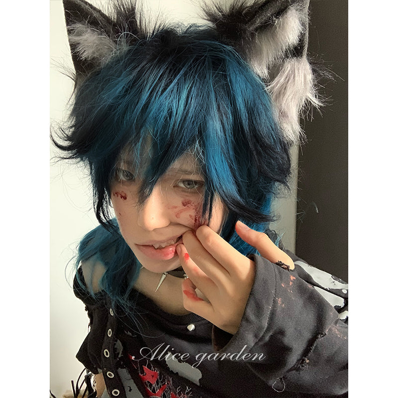 Blue Highlights Long Curly Y2K Wig