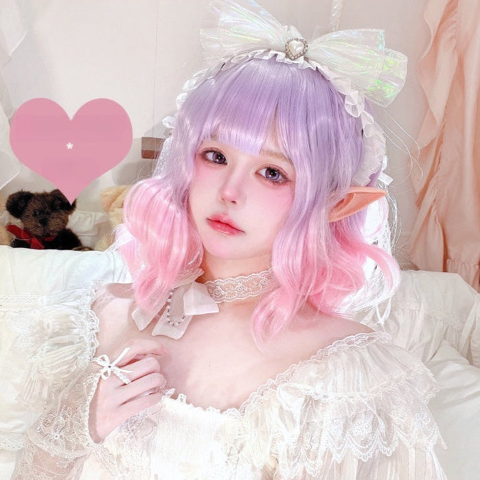 Short Curly Purple to Pink Mixed Ryousangata Wig