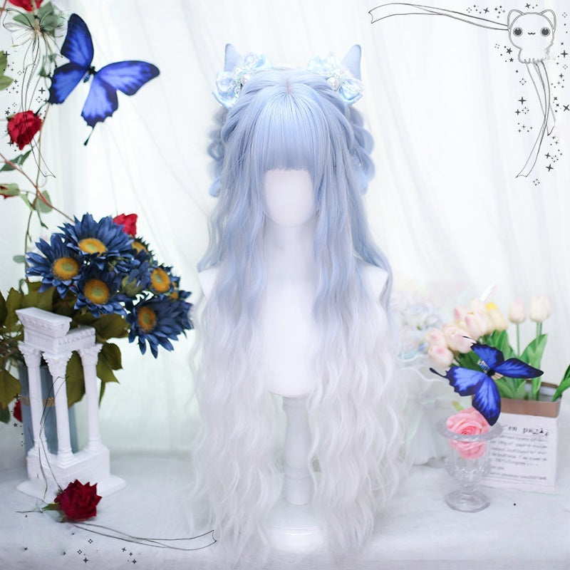 Long Blue White Mixed Color Curly Sweet Hair