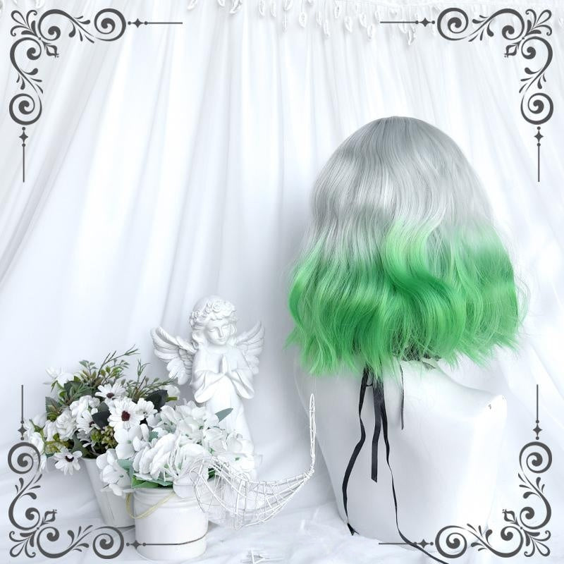 Short Curly Silver to Green Y2K Wig LE7012