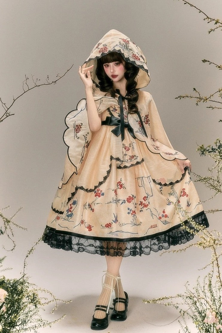 Floral Bird Amber Beige Hanfu Lolita JSK Dress Set