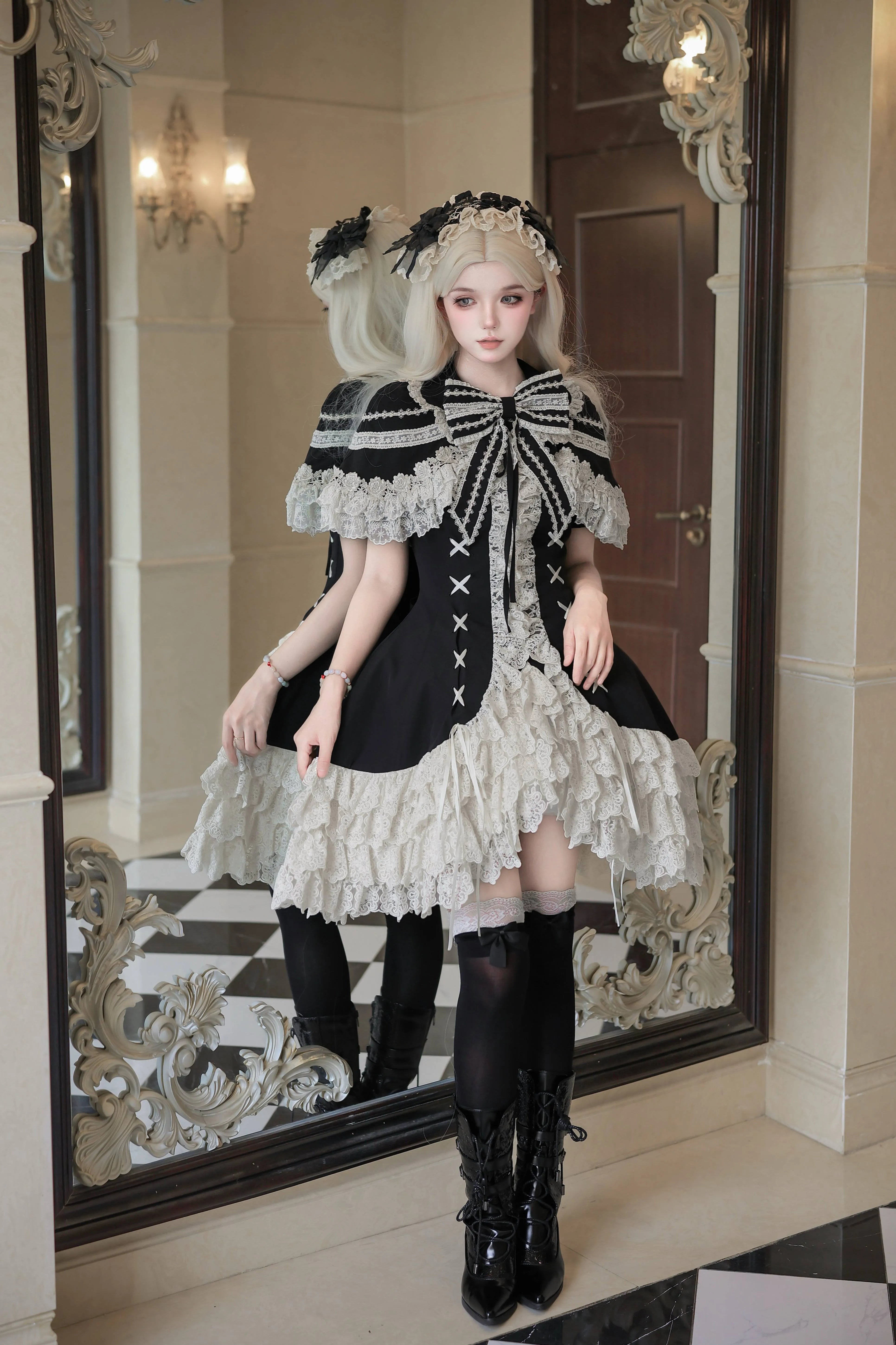 Dark Gothic Doll Silver Butterfly Amber Lolita Black OP Dress