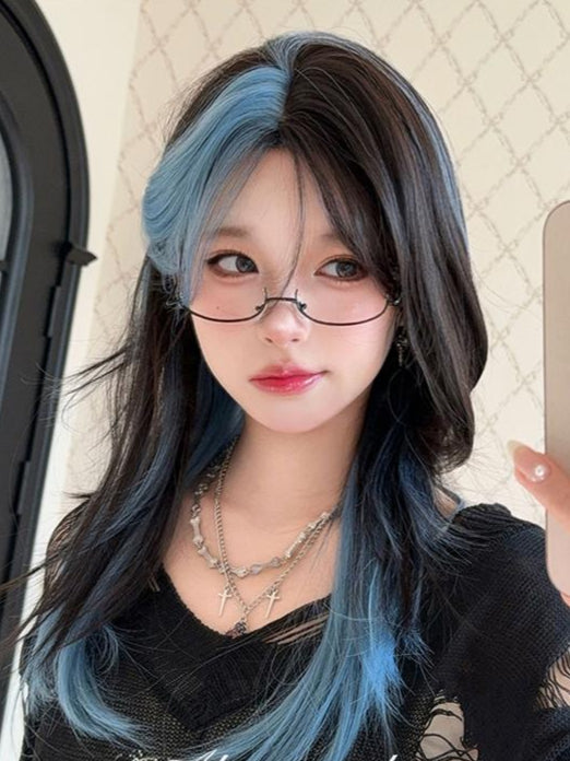 Long Straight Black to Blue Y2K Mixed Color Wig