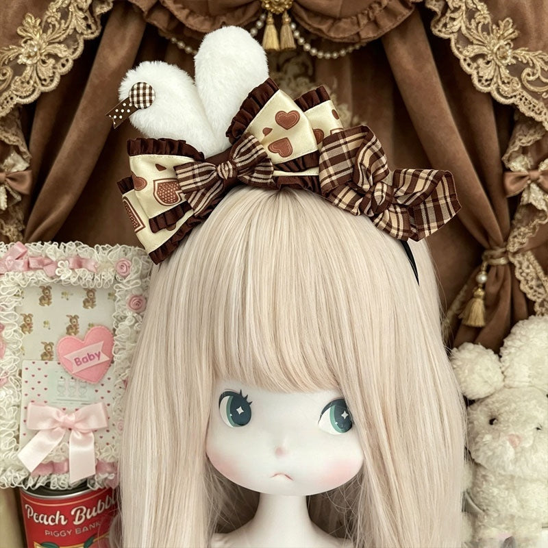Chocolate Bear Bunny Ear Plaid Lolita KC Headband with Bow